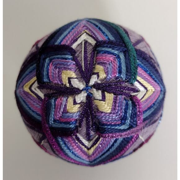 Japanese Temari Ball, Handmade Purple & Teal, Decorative Ball with Ribbon Hanger - Picture 1 of 3